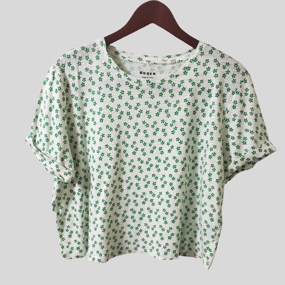 Boden 100% Linen Boxy Crop Tee White Green Floral T-Shirt Womens Size US 12